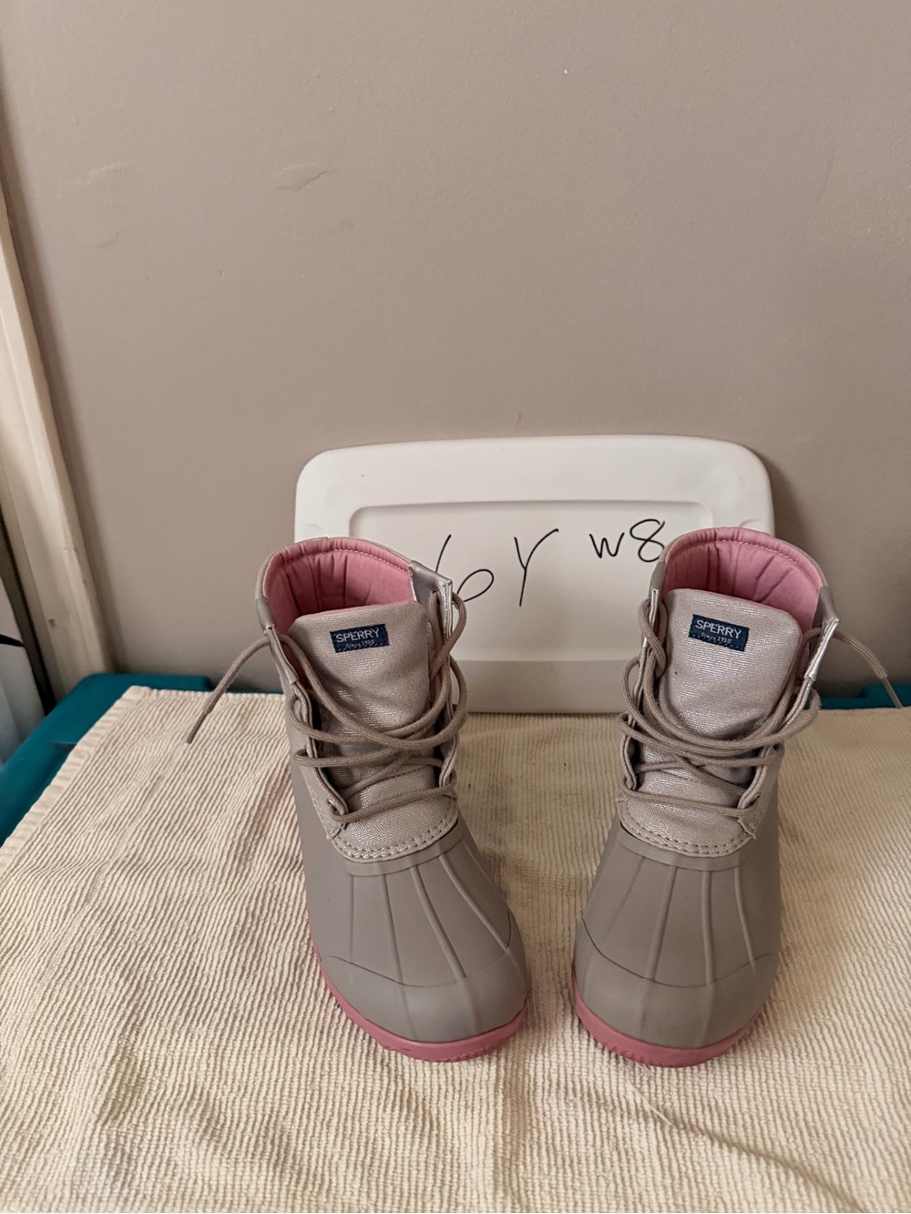 Sperry Kids Taupe Duck Boots with Pink Lining and Soles